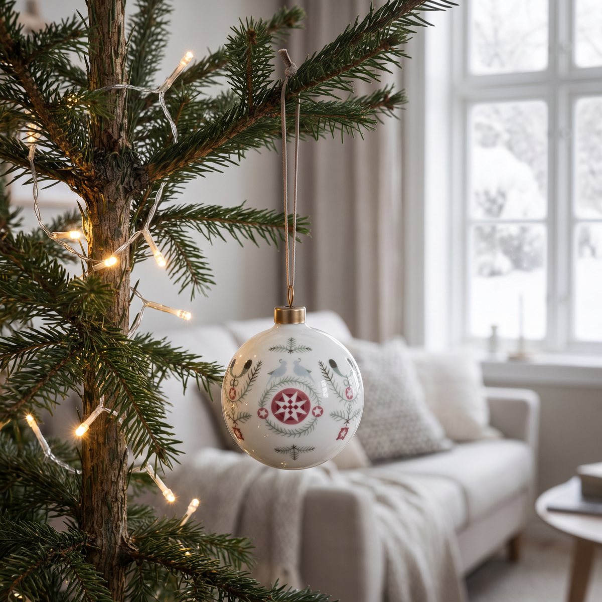 Vit porslinskula med granbarr, snöflinga och fåglar hänger nära stammen på en gran i ett ljust svenskt vardagsrum med snö utanför