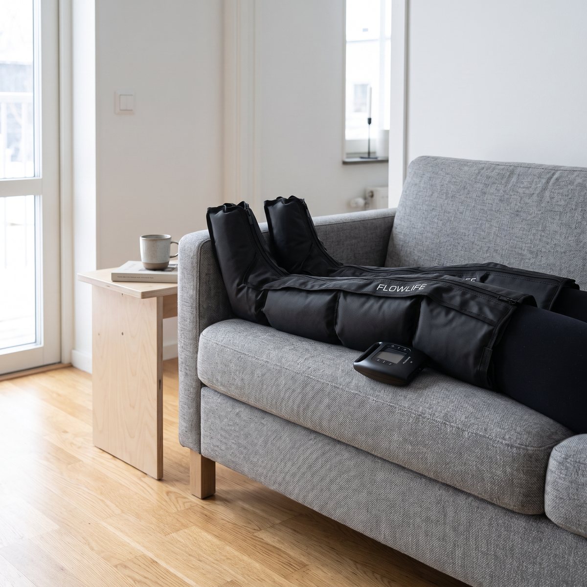 Flowlife Flowpression Boots Pro+ på någons ben i en svensk soffa, kontrollenheten på sittkudden