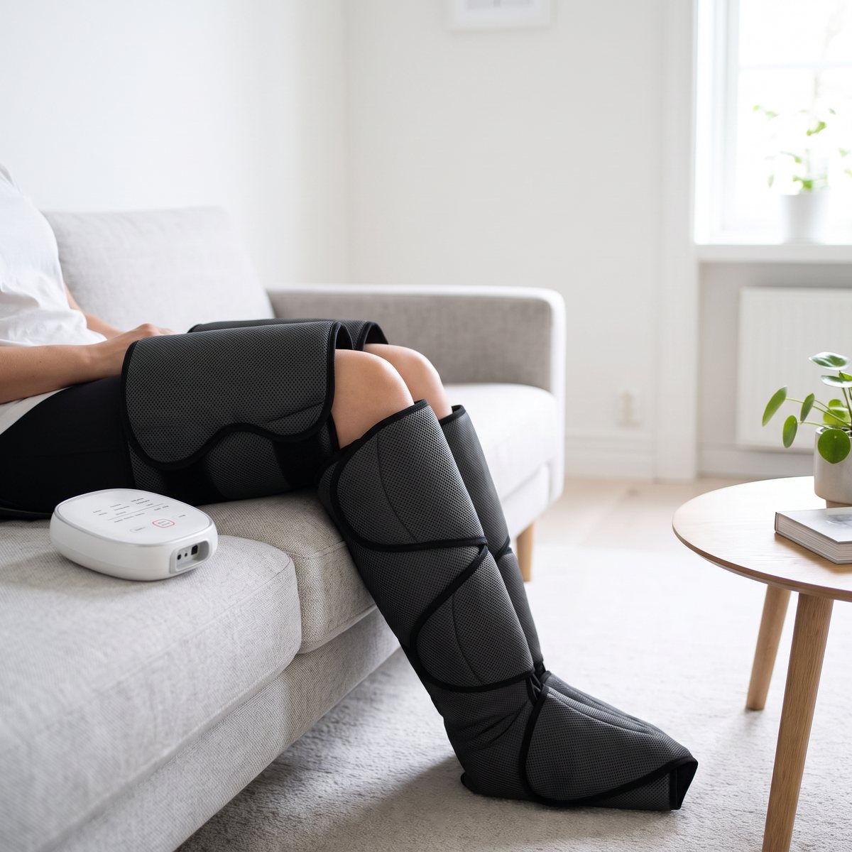 Activeshop pressoterapimaskin på ben och lår i en svensk soffa med vit kontrollenhet bredvid