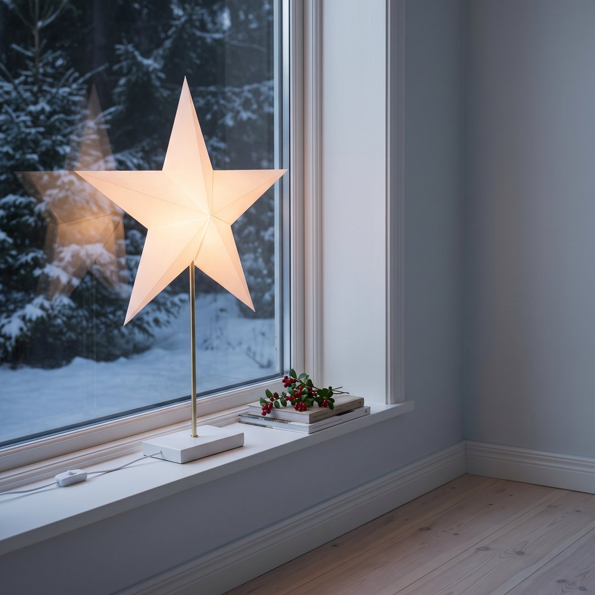 Konstsmides tända pappersstjärna på fot står på en smal fönsterbräda i ett sovrum, med sladd och strömbrytare och snöig granskog utanför
