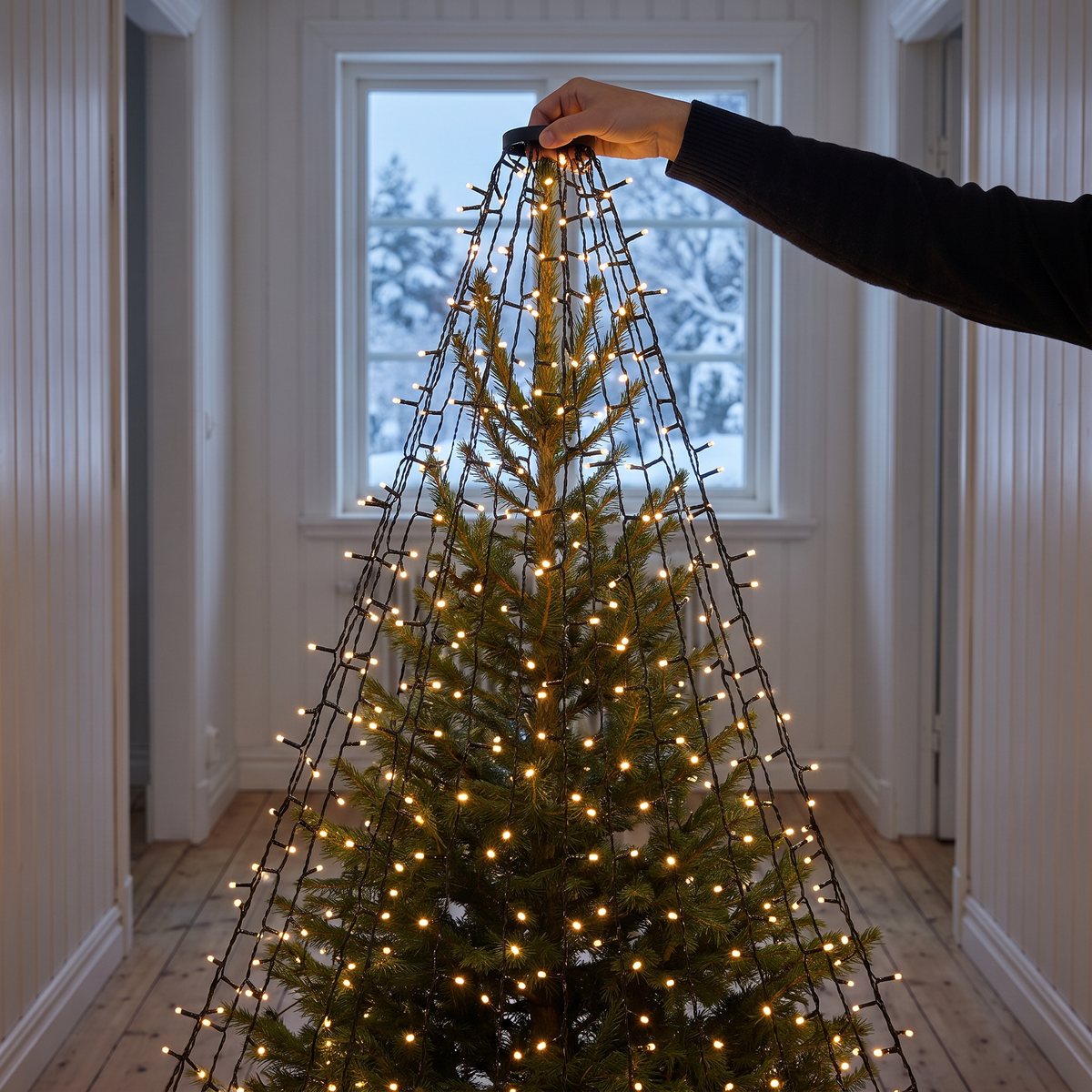 Goobay ljusslinga med ring monteras uppifrån på en gran i en svensk farstu