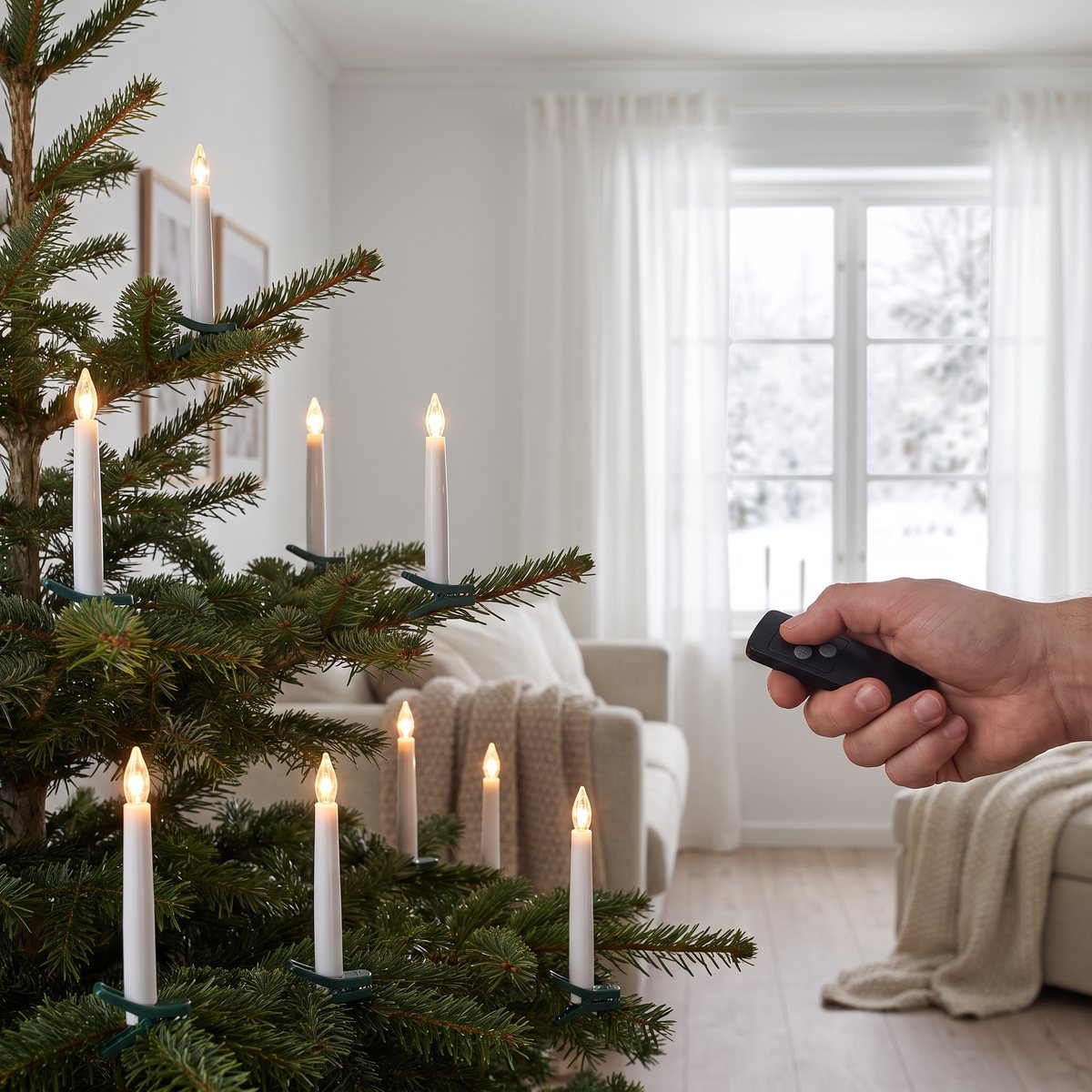 Trådlösa ljuspinnar på en gran, hand med fjärrkontroll i ett ljust svenskt vardagsrum