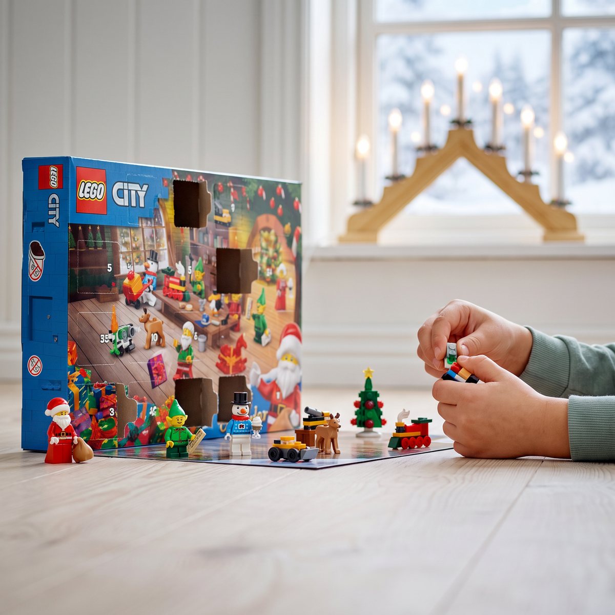 LEGO City-kalendern med öppnade luckor på ett ljust trägolv, med tomte, nisse, snögubbe och ren framför och barnhänder som bygger.