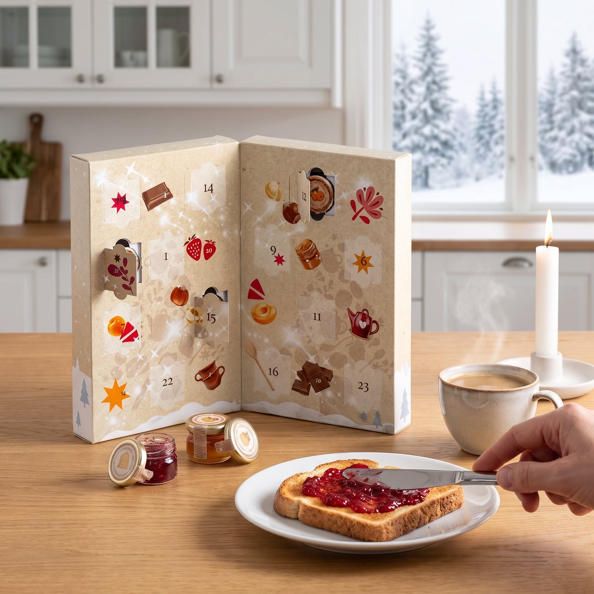 Marmeladkalendern uppslagen som en bok på ett köksbord, med små marmeladburkar, kaffe och en rostad brödskiva med hallonmarmelad.