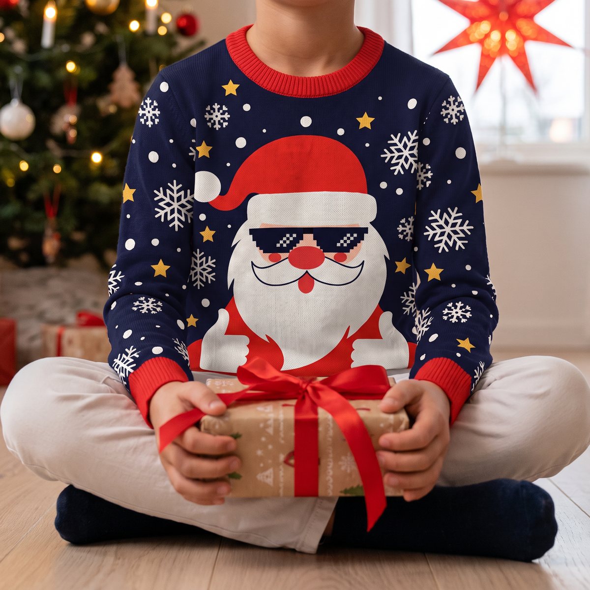 Barn i mörkblå jultröja med tomte i solglasögon sitter framför julgranen med ett paket, en julstjärna lyser i fönstret
