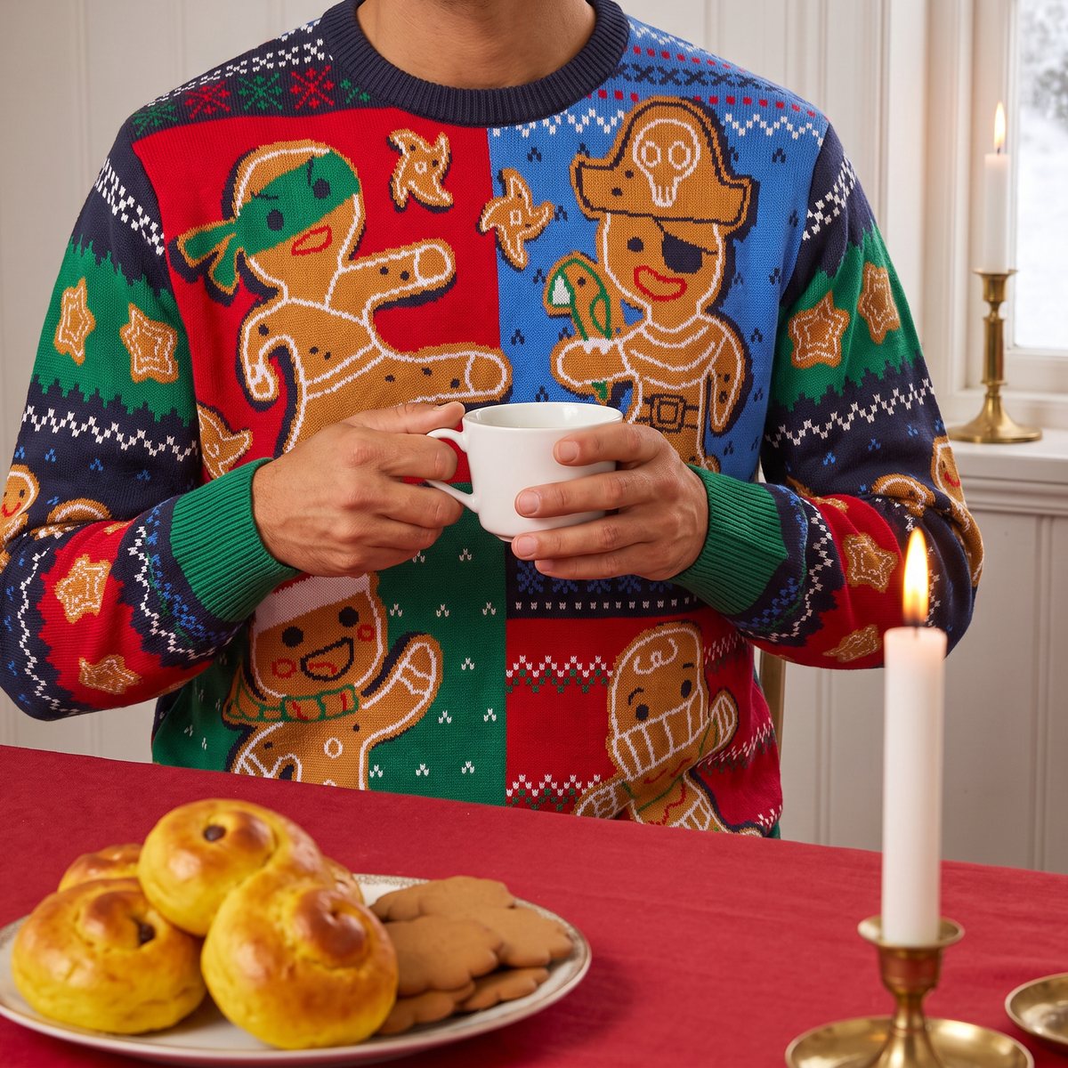 Man i OppoSuits färgglada jultröja med pepparkaksgubbar håller en kaffekopp vid ett dukat julbord med lussekatter och levande ljus