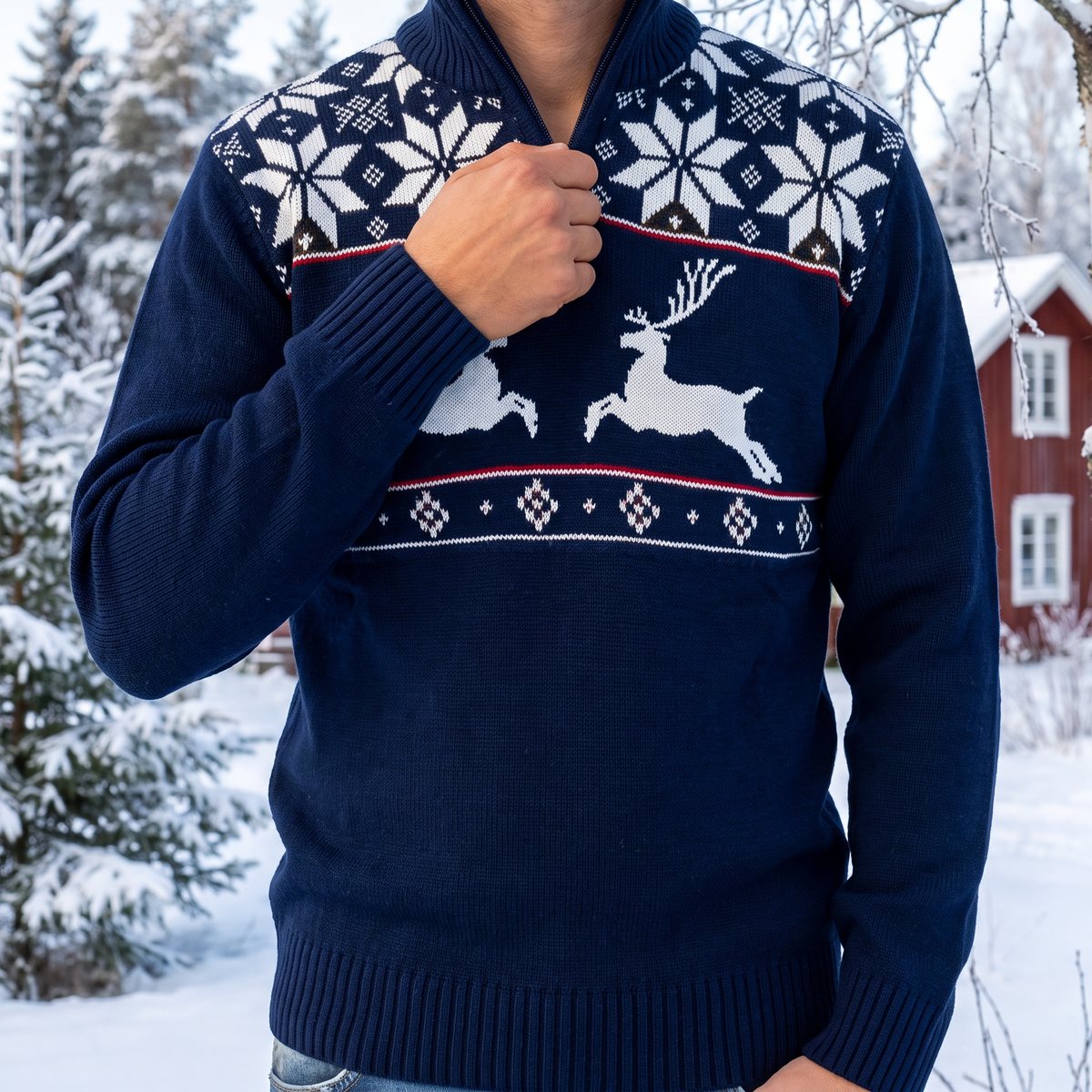 Person i mörkblå stickad jultröja med renar, snöflingor och kort dragkedja i en snöig svensk granskog med röd stuga