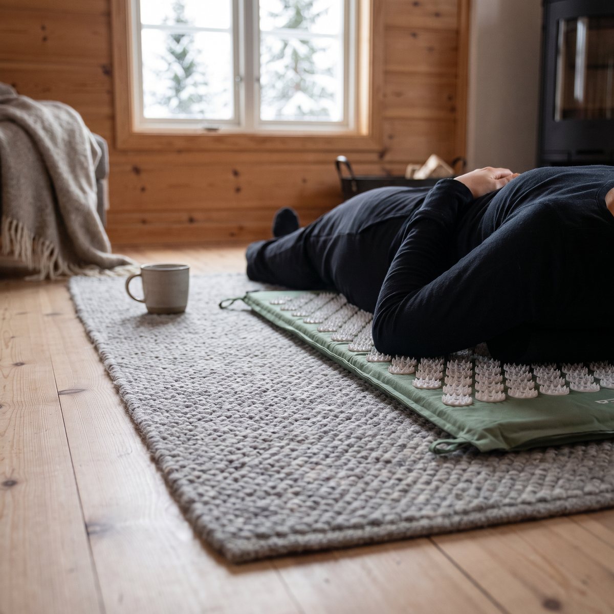 Grön spikmatta med vita piggskivor där en person ligger på rygg på mattan på en ullmatta i en svensk stuga