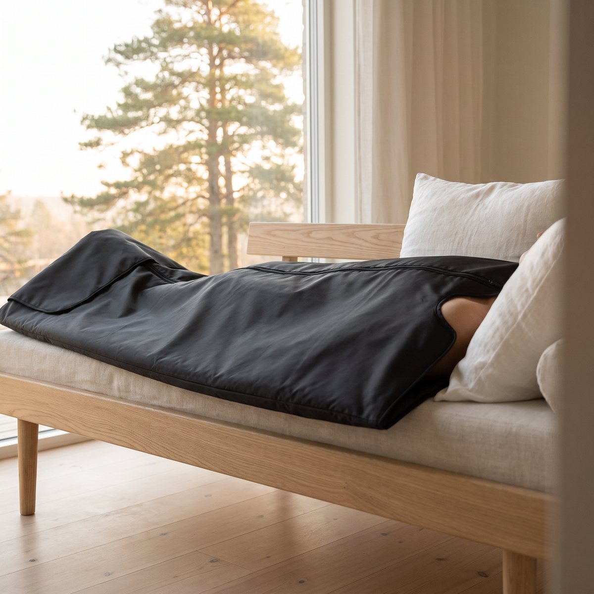 Flowlife Flowsauna Blanket Pro, svart bastufilt, på en dagbädd i ett svenskt hem med tallar utanför fönstret