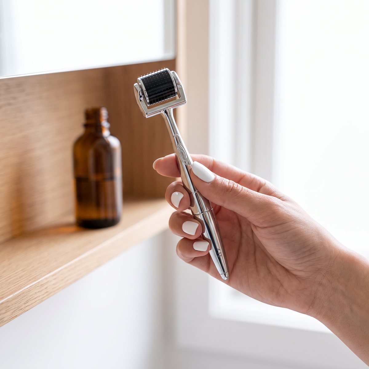 Silver dermaroller Skinroller PRO hålls i handen vid ett vitt badrumsfönster i ett svenskt badrum