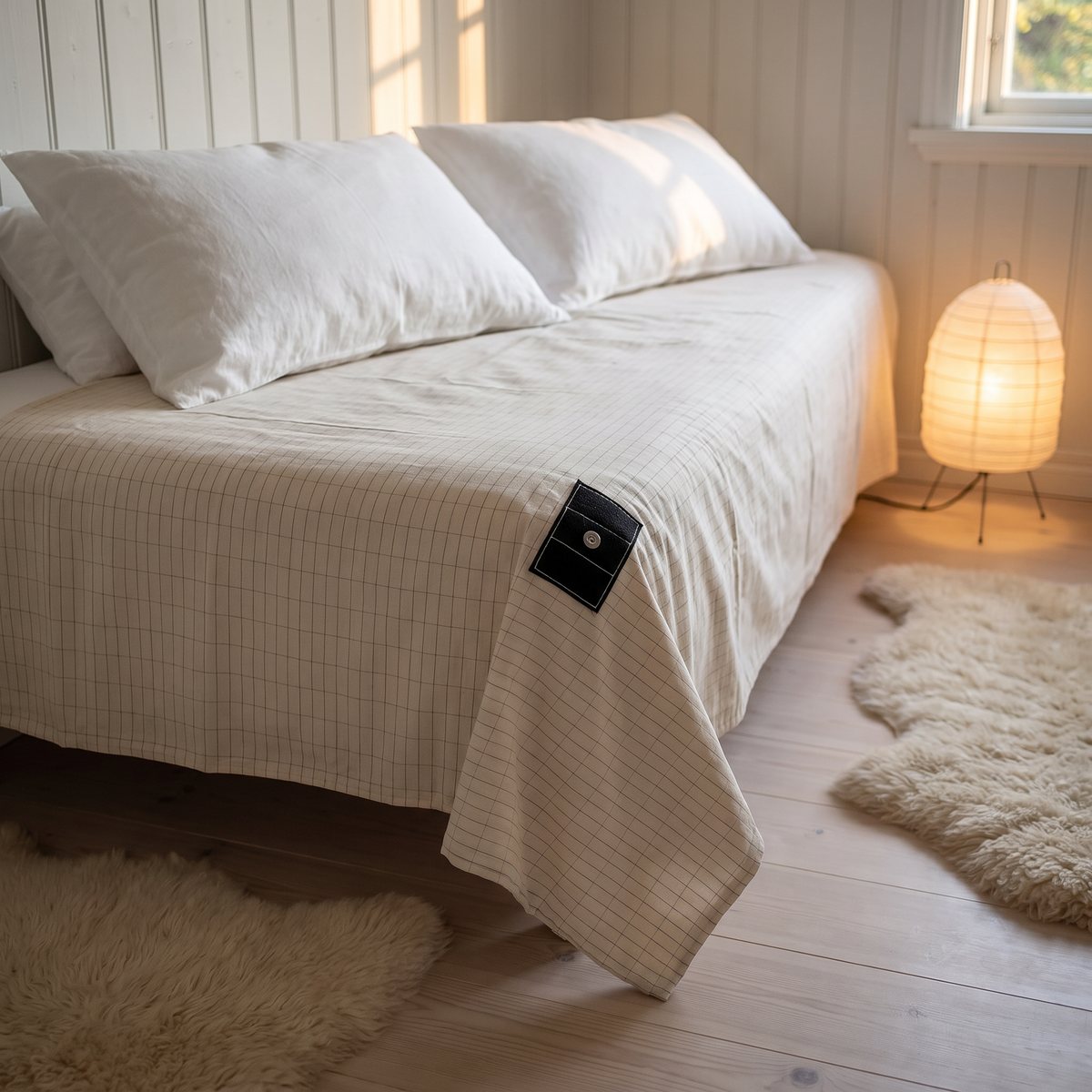Beige jordningslakan med fint rutnät på en bäddad säng i ett svenskt sovrum med fårskinnsmatta