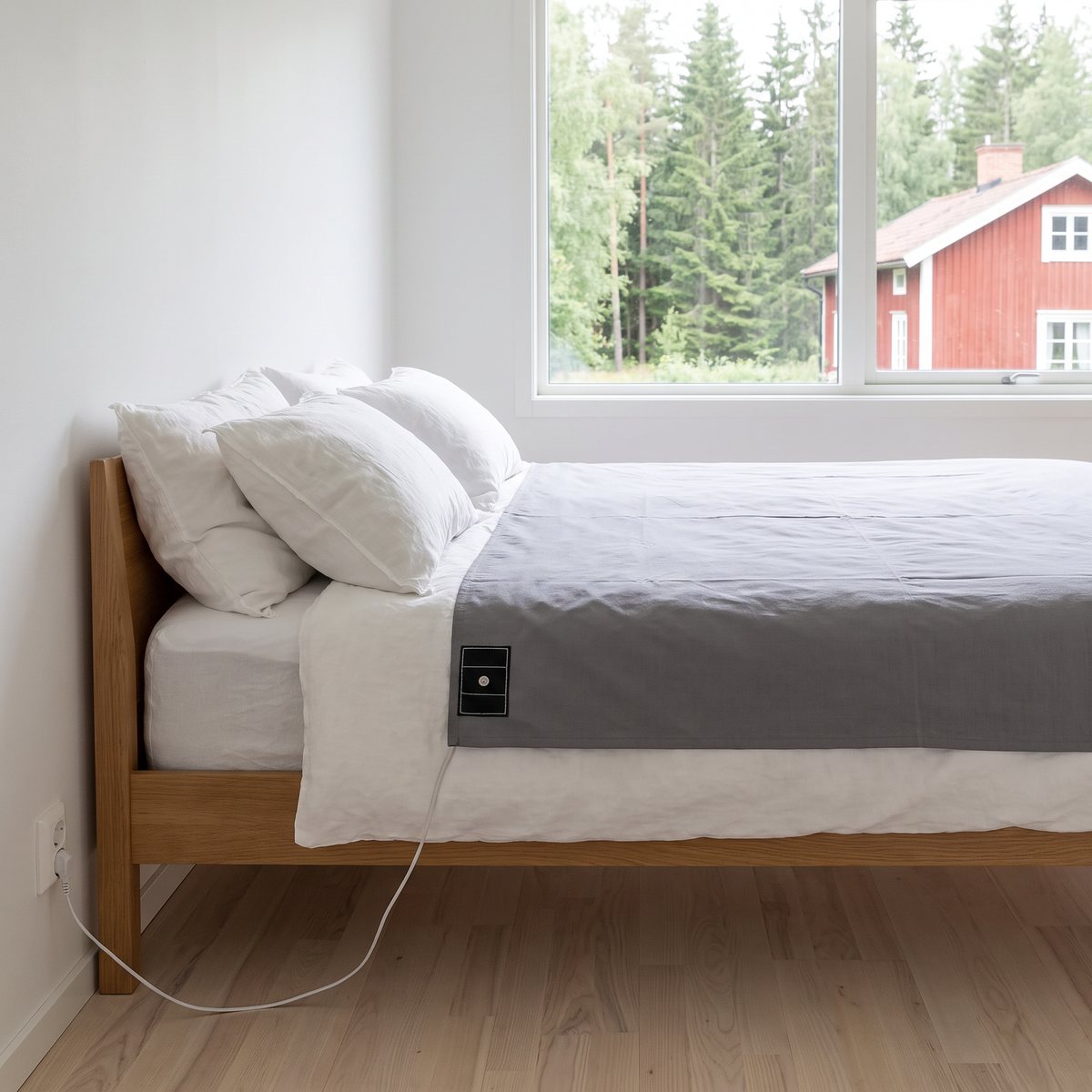 Grått jordningslakan på en säng i ett svenskt sovrum med utsikt mot granskog och rött trähus