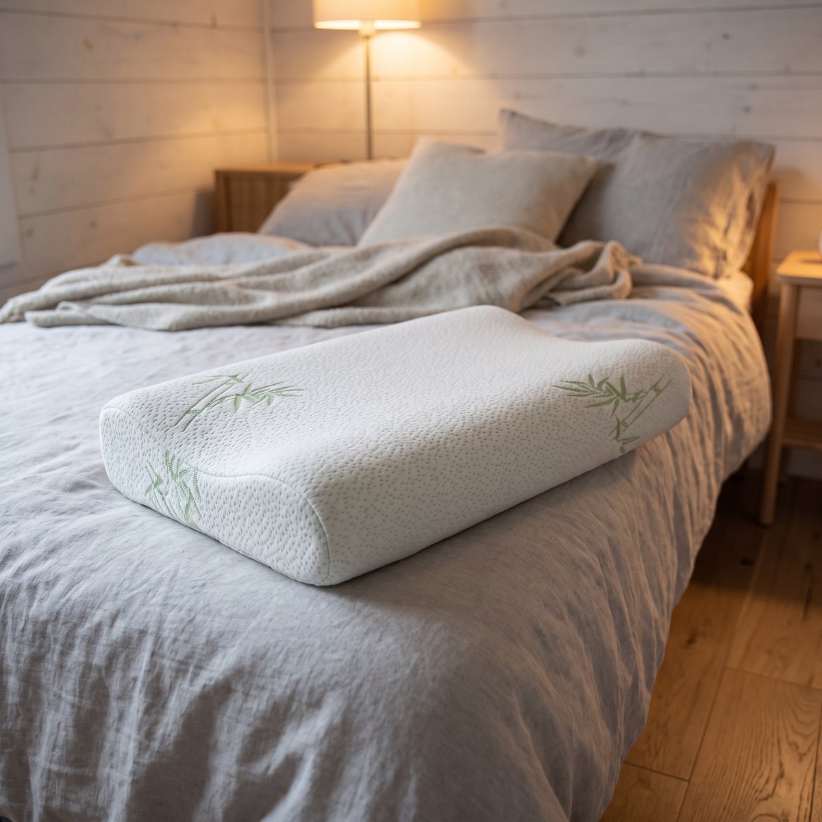 Ergonomisk kudde med böljande nackstöd och bambumönstrat överdrag på en säng i ett svenskt sovrum