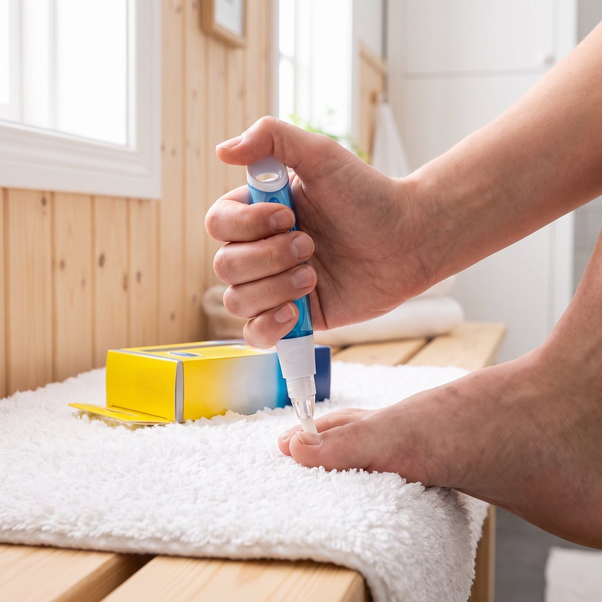 Scholl Nagelsvampbehandling används på en tånagel i ett svenskt badrum