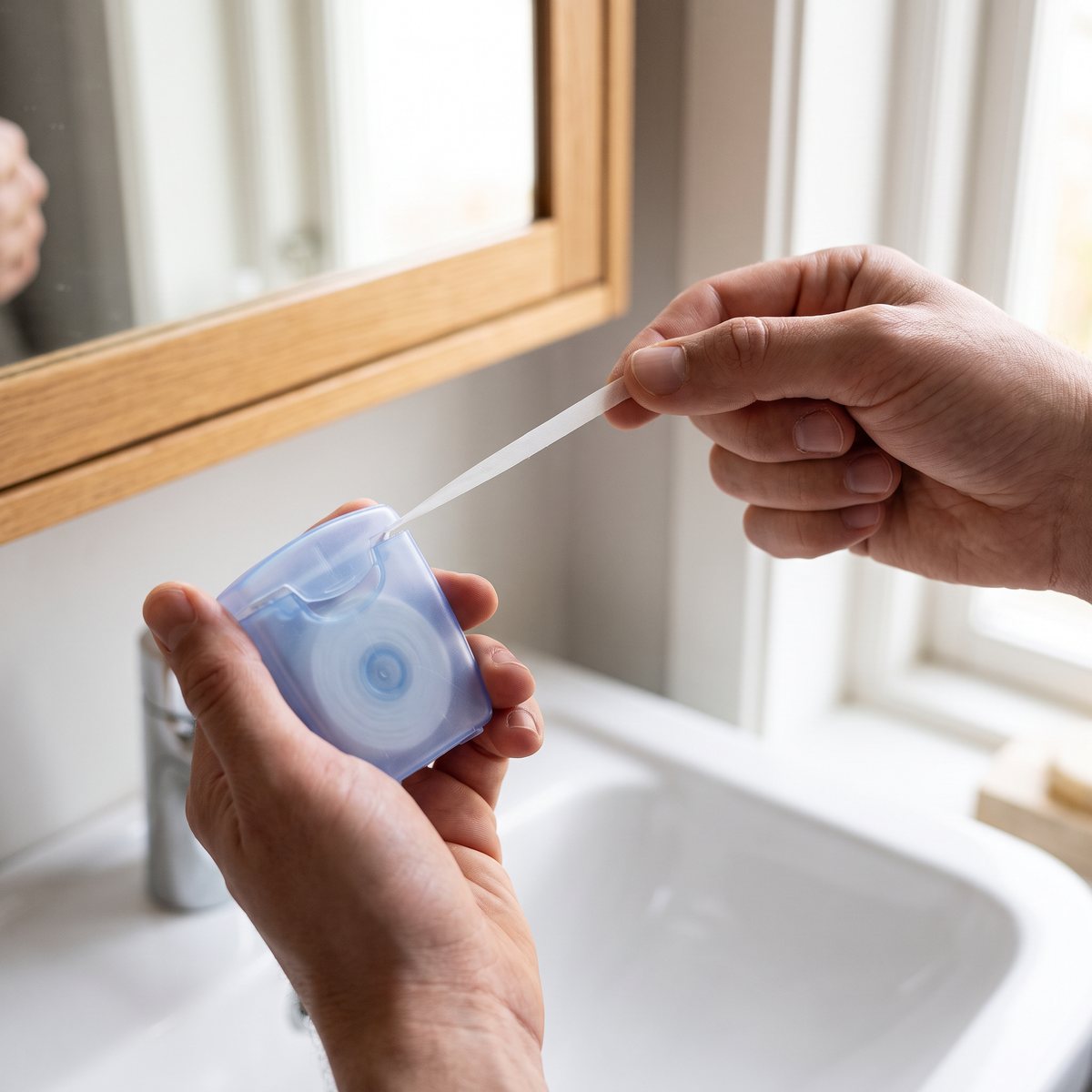 Dentotape Slim, en platt vaxad tandtrådsband, dras ut ur dispensern i ett svenskt badrum med spegelskåp