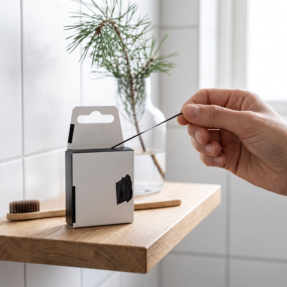 The Humble Co. Dental Floss Charcoal med svart tandtråd dras ut ur kartongen på en ekhylla i ett svenskt badrum