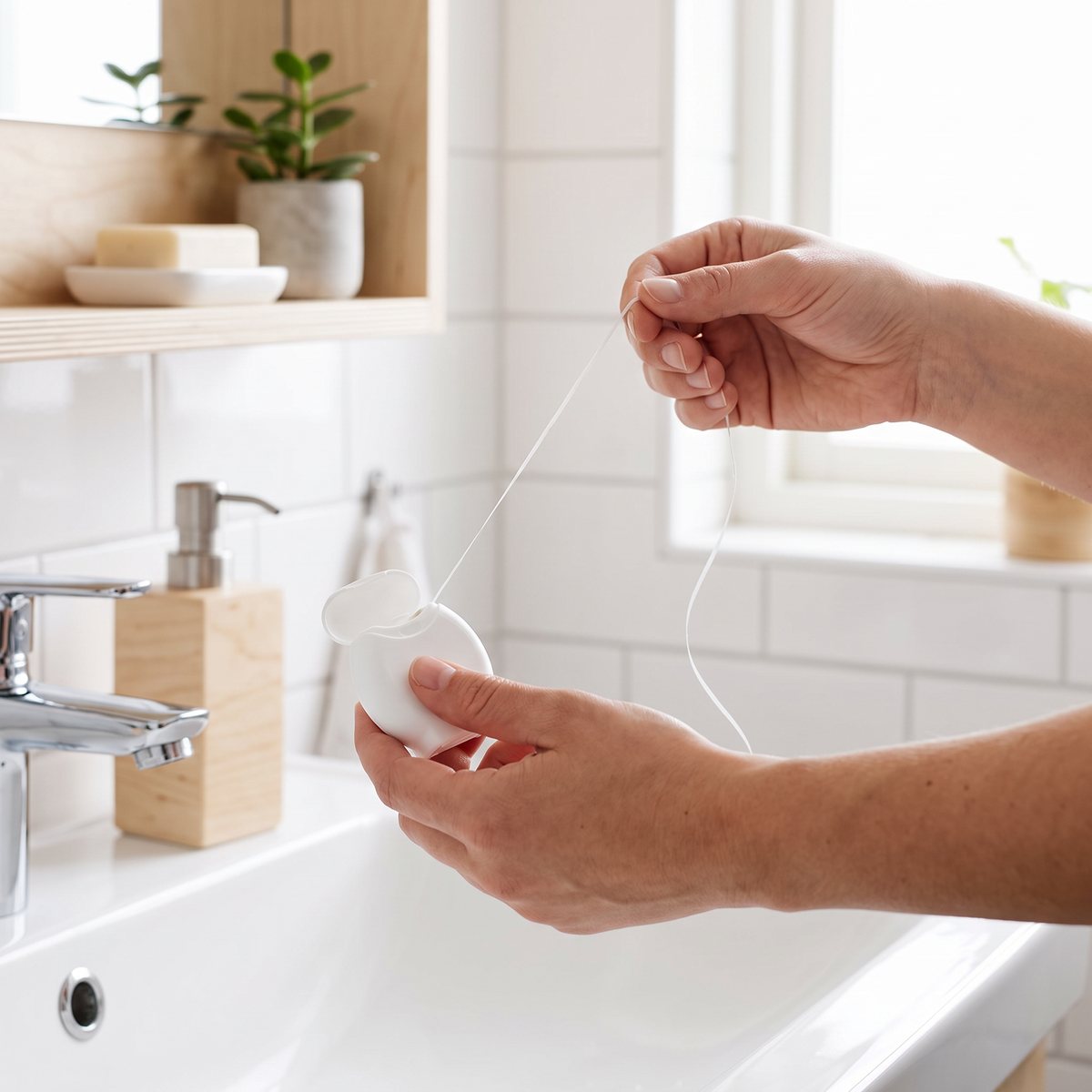 TePe Dental Floss dras ut ur den vita dispensern över handfatet i ett ljust svenskt badrum