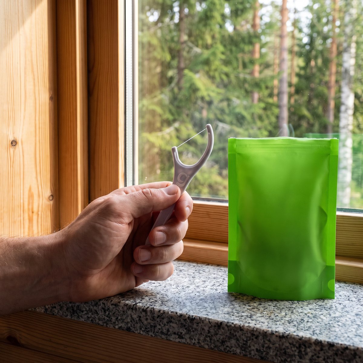 En hand håller en grå Grin Clean Flossypyx-bygel vid ett fönster med utsikt mot gran och björk, grön påse på granitfönsterbrädan.