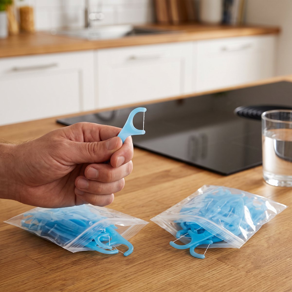 En hand håller en blå GUM Easy-Flossers-bygel i ett svenskt kök med induktionshäll och trälitet bänkskiva, påsar med fler byglar framför.