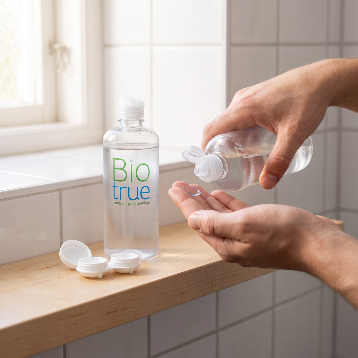Flaska Biotrue linsvätska på en träbänk i ett svenskt badrum med vita kakelplattor, bredvid ett linsetui