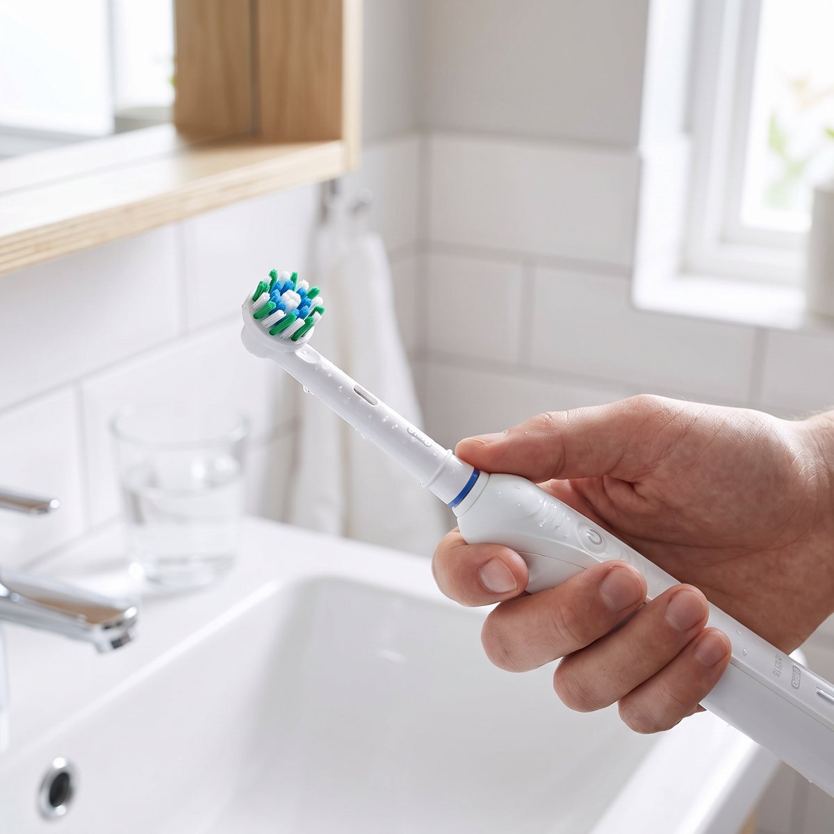 Oral-B CrossAction-borsthuvud på ett eltandborstskaft hållet över ett handfat i ett ljust svenskt badrum