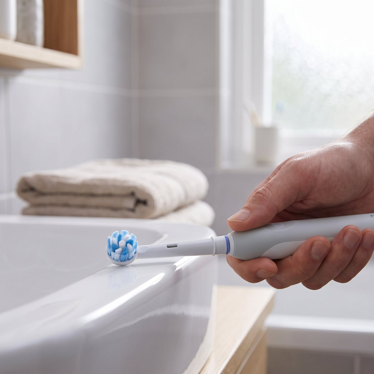 Oral-B Sensitive Clean-borsthuvud på ett eltandborstskaft vid ett handfat i ett svenskt badrum