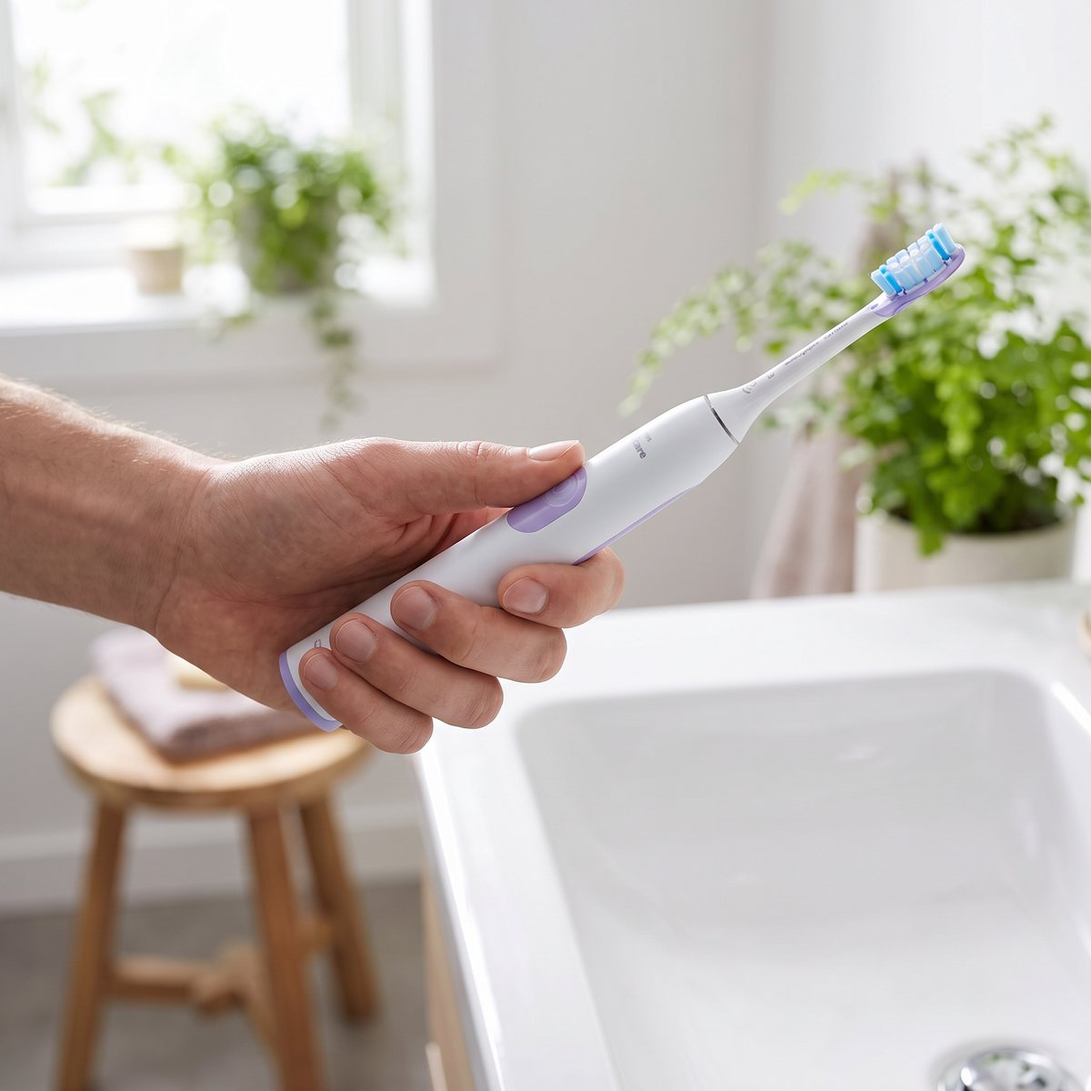 Philips Sonicare Premium-borsthuvud på en ljudtandborste hållen i handen vid ett handfat i ett svenskt badrum