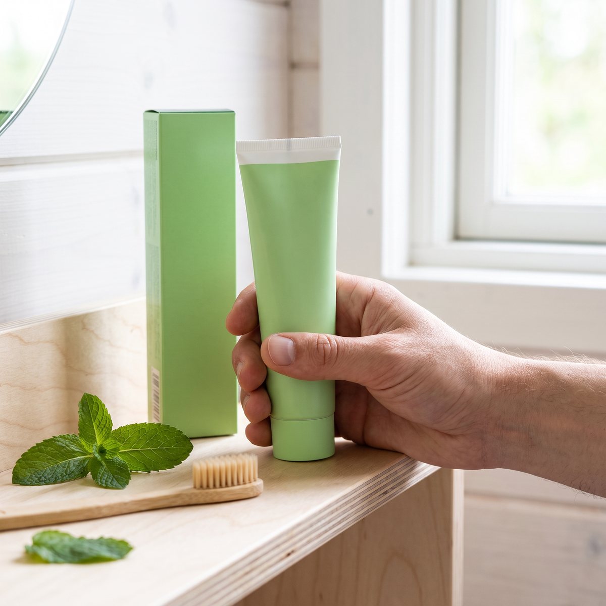 Hand som håller en ljusgrön Ecodenta-tub bredvid en bambutandborste och myntablad på en björkhylla i ett svenskt hem