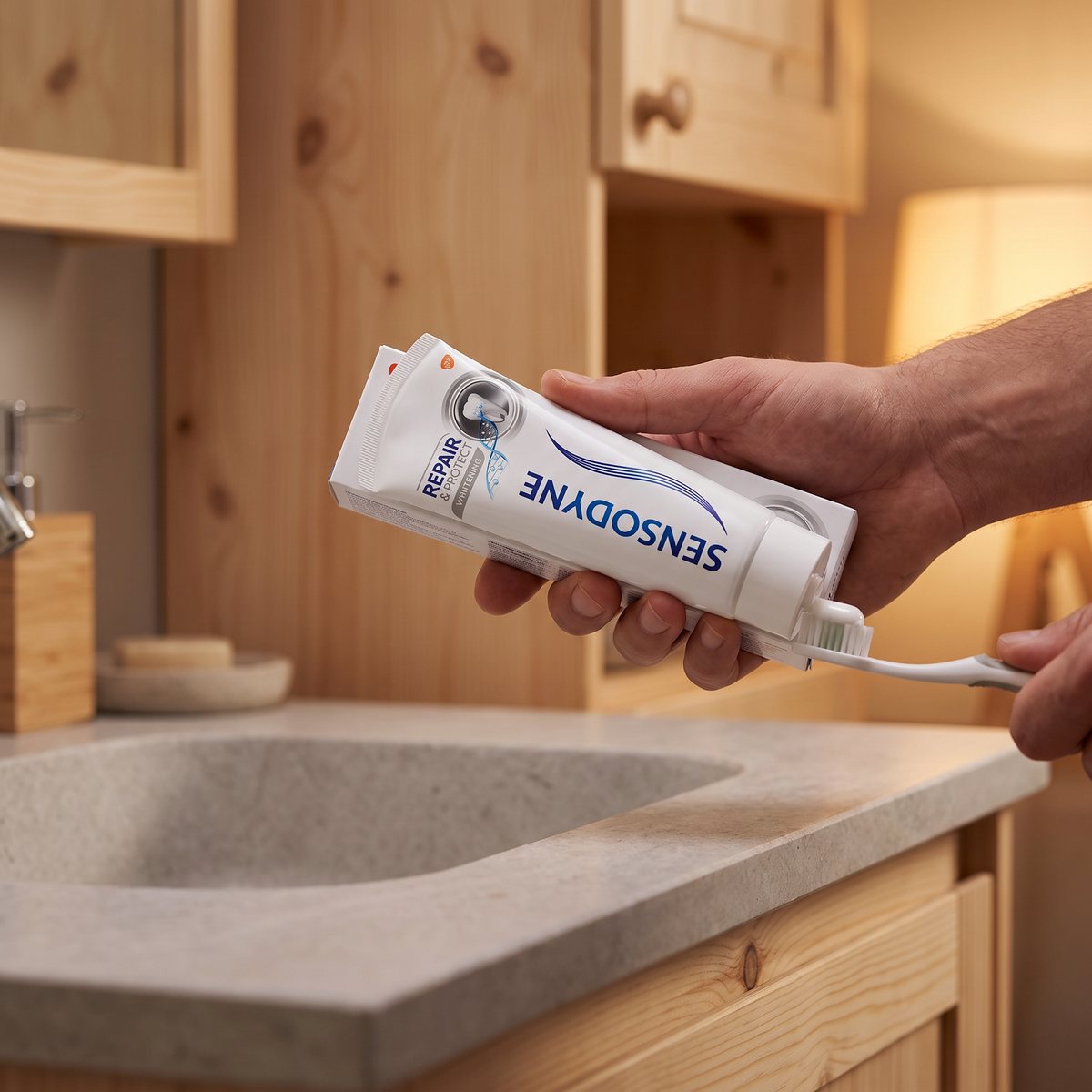 Hand som håller Sensodyne-tuben över en tandborste vid ett stenfärgat handfat i ett svenskt badrum med furudetaljer