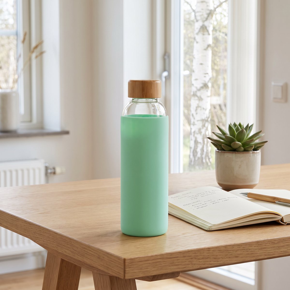 Glasflaska med mintgrönt silikonhölje och bambulock på ett skrivbord