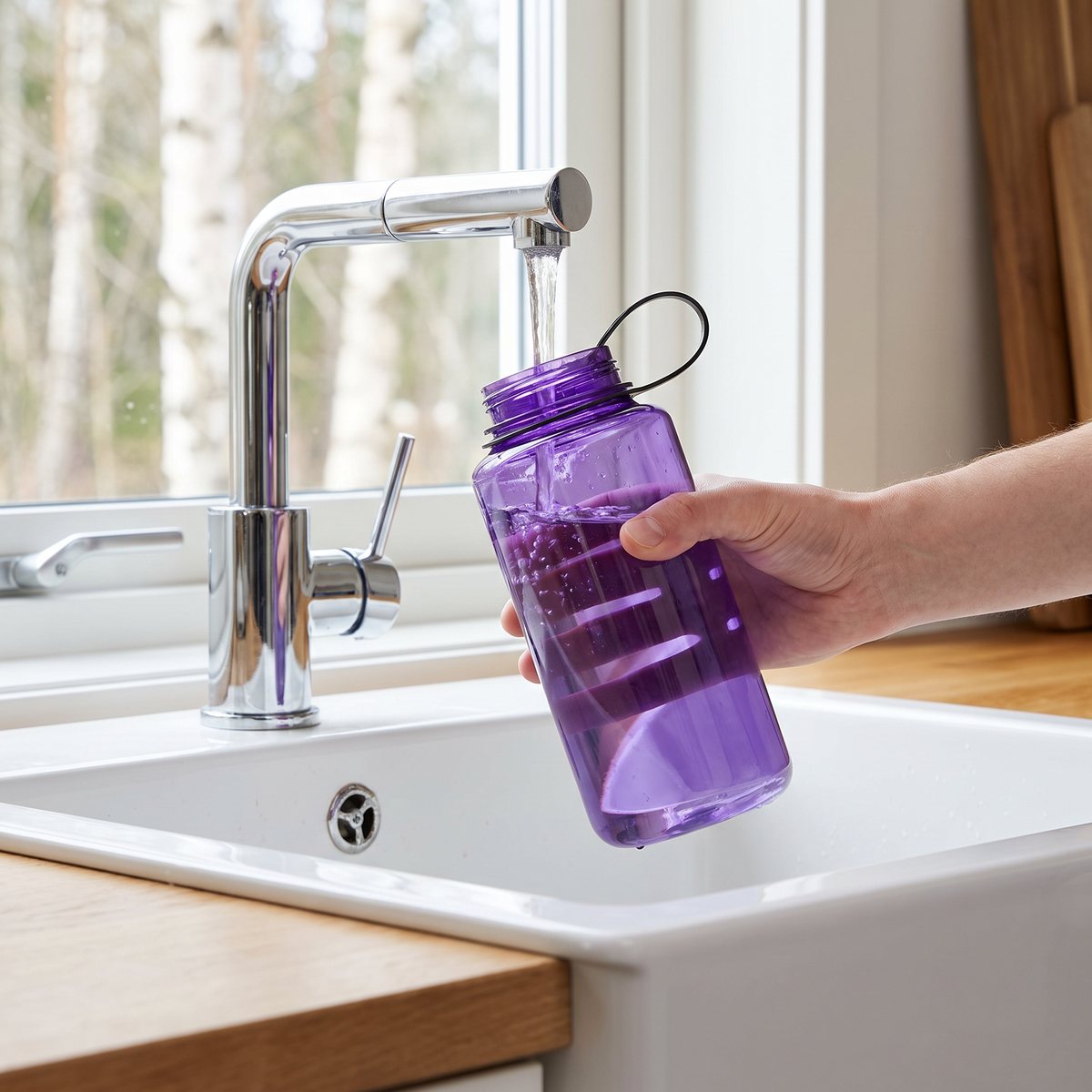Nalgene Wide Mouth Sustain som fylls vid ett svenskt köksvask