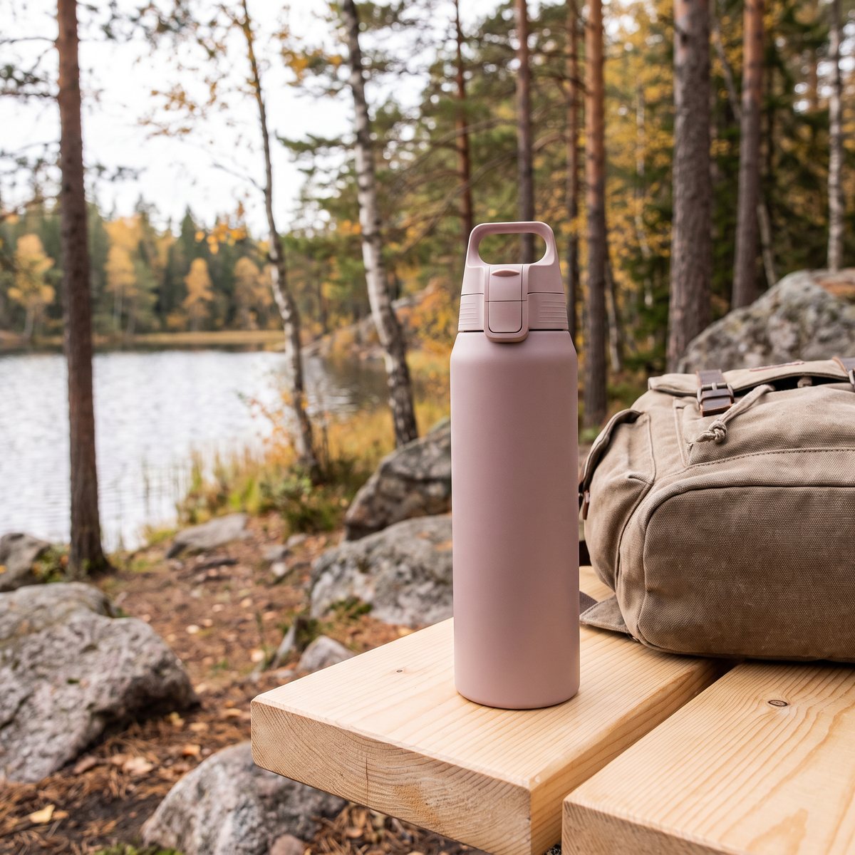 Sigg Shield Therm One i dammigt rosa på en björkbänk vid en svensk skogsstig
