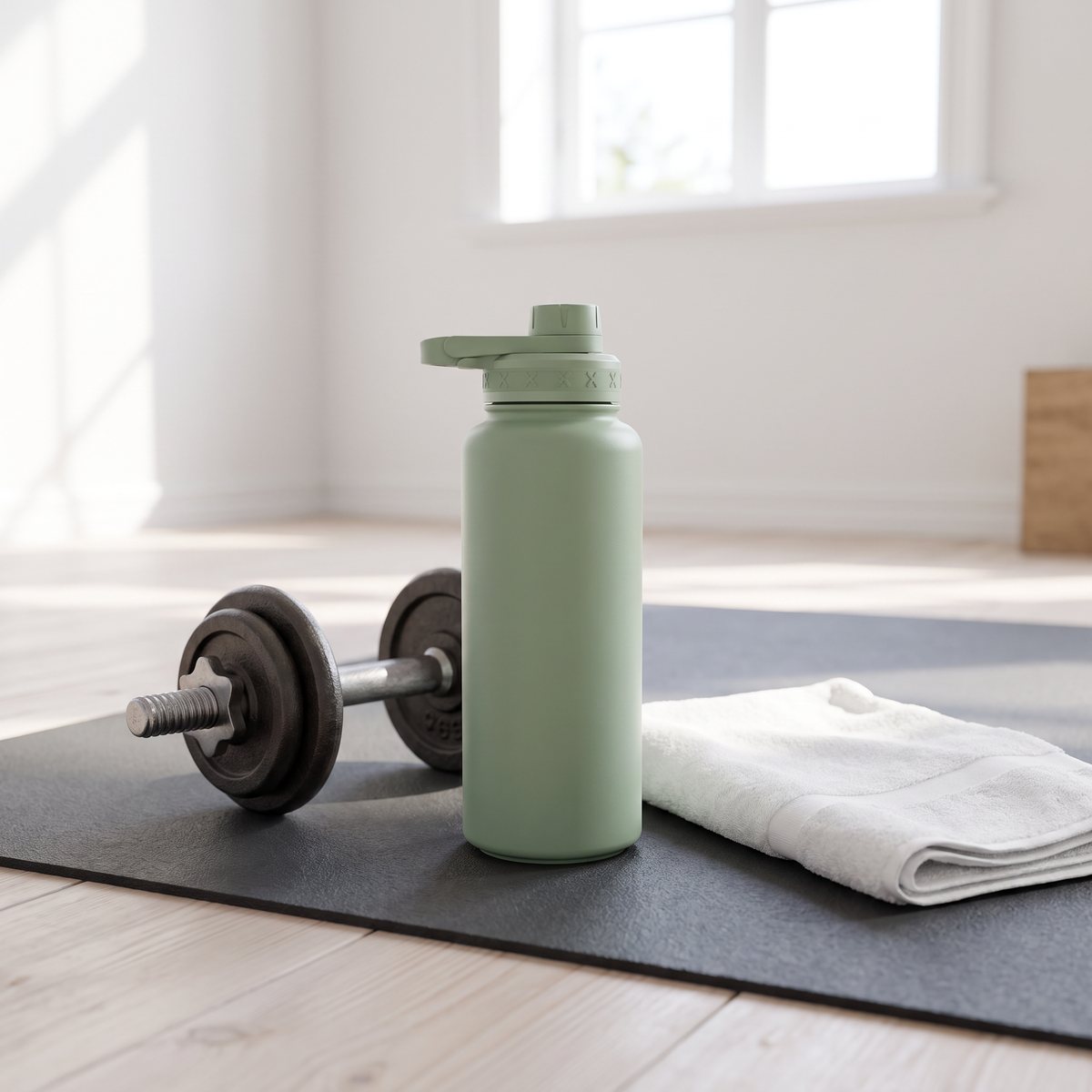 Smartshake Bohtal i salviagrönt på gymmattan hemma