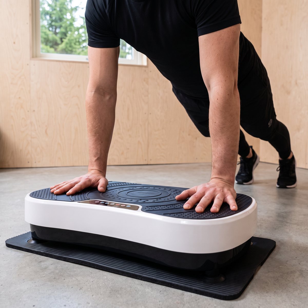 Man håller en planka med händerna på MiniPlate i ett svenskt källargym med plywoodväggar och gran utanför fönstret