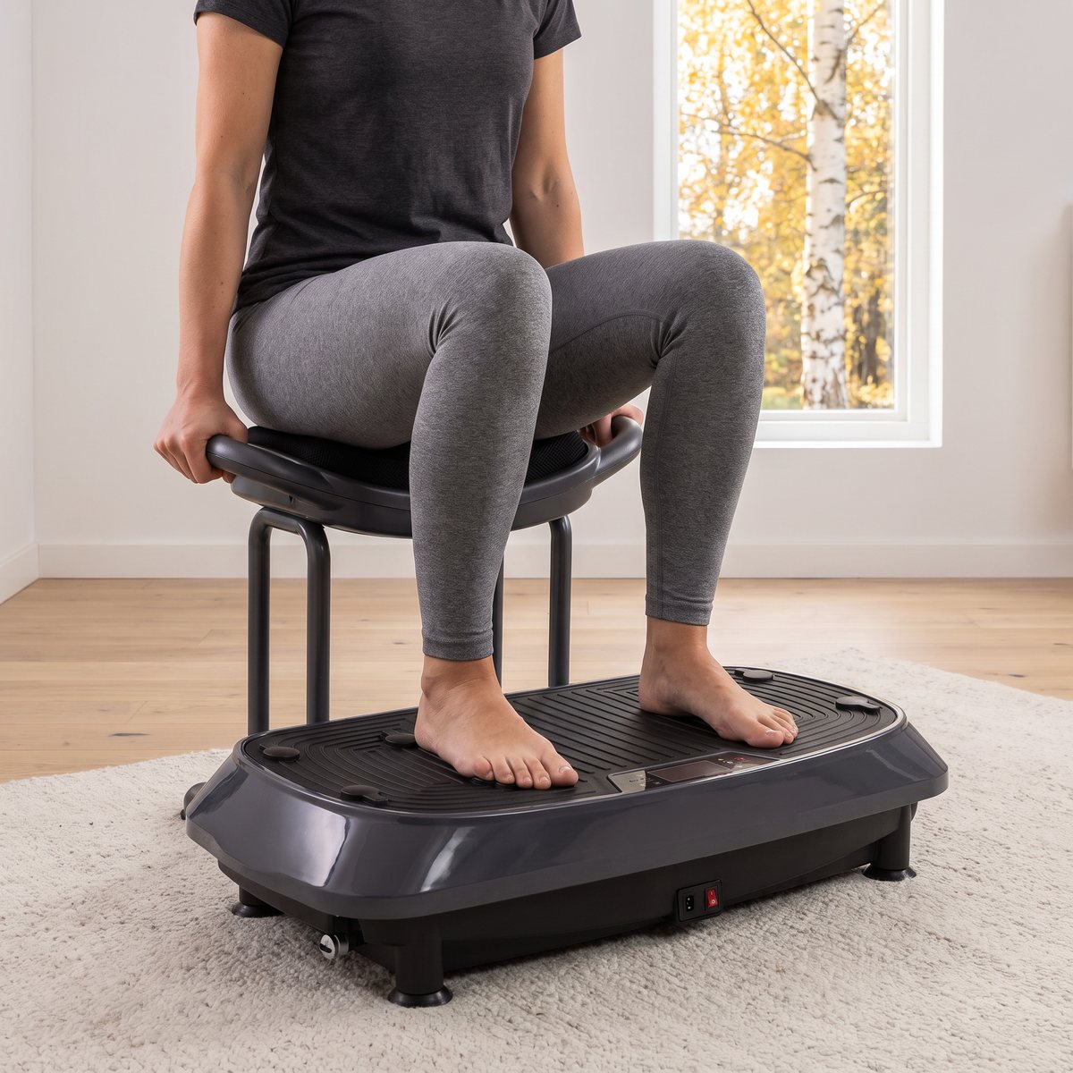 Kvinna sitter på den avtagbara sitsen med bara fötter på Tunturi Cardio Fit V20 i ett ljust svenskt vardagsrum med björk utanför fönstret