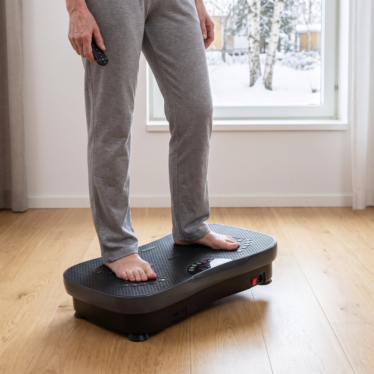 Person står på Tunturi Cardio Fit V30 med fjärrkontrollen i handen i en svensk lägenhet med snöig innergård och björkar utanför