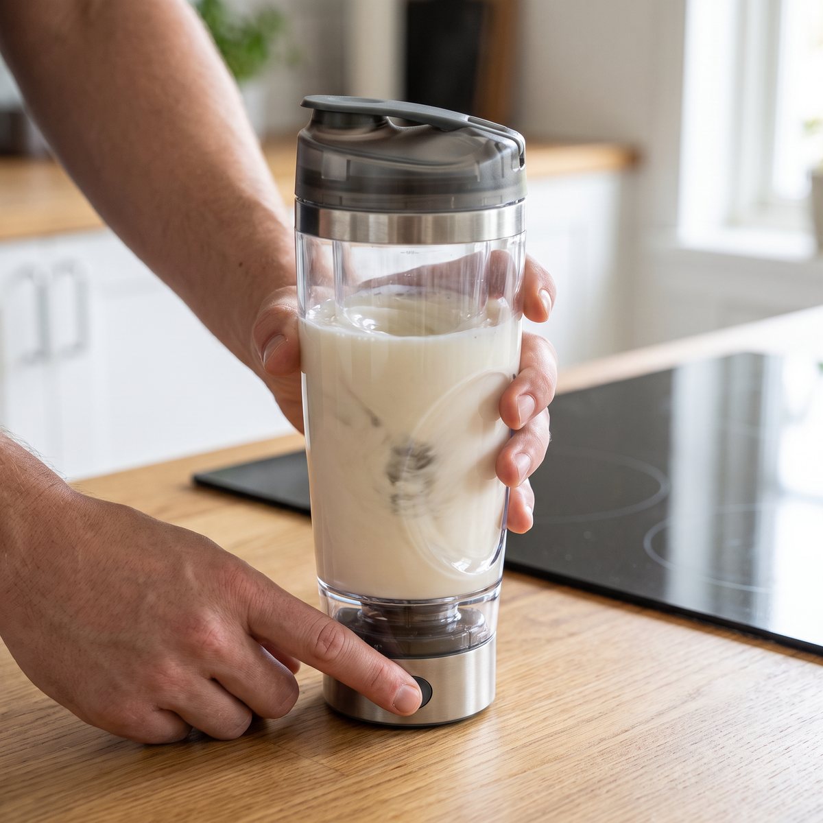 Promixx Pro Electric blandar en shake med ett knapptryck på en köksbänk i ek framför en induktionshäll
