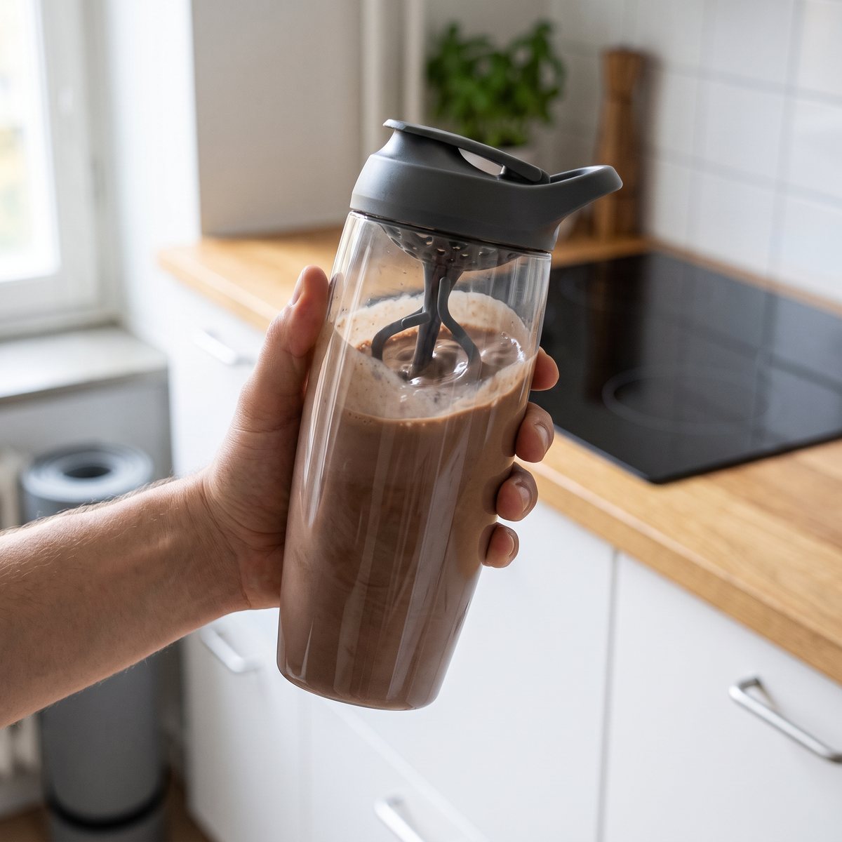 Promixx Pursuit-shaker med chokladshake hålls i handen i ett ljust svenskt kök med induktionshäll