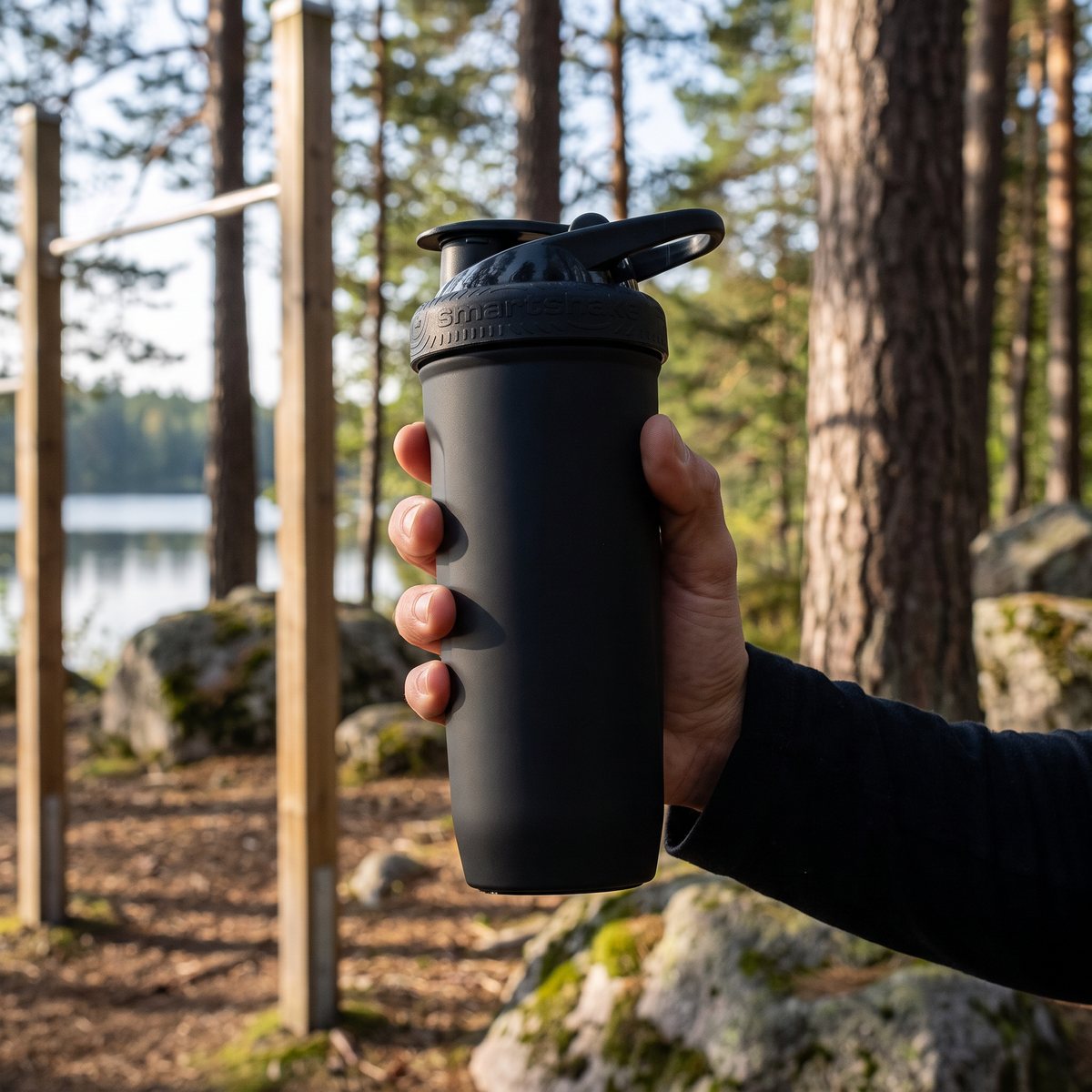 Svart Smartshake Reforce-shaker i rostfritt stål hålls i handen vid ett utegym i tallskog vid en sjö