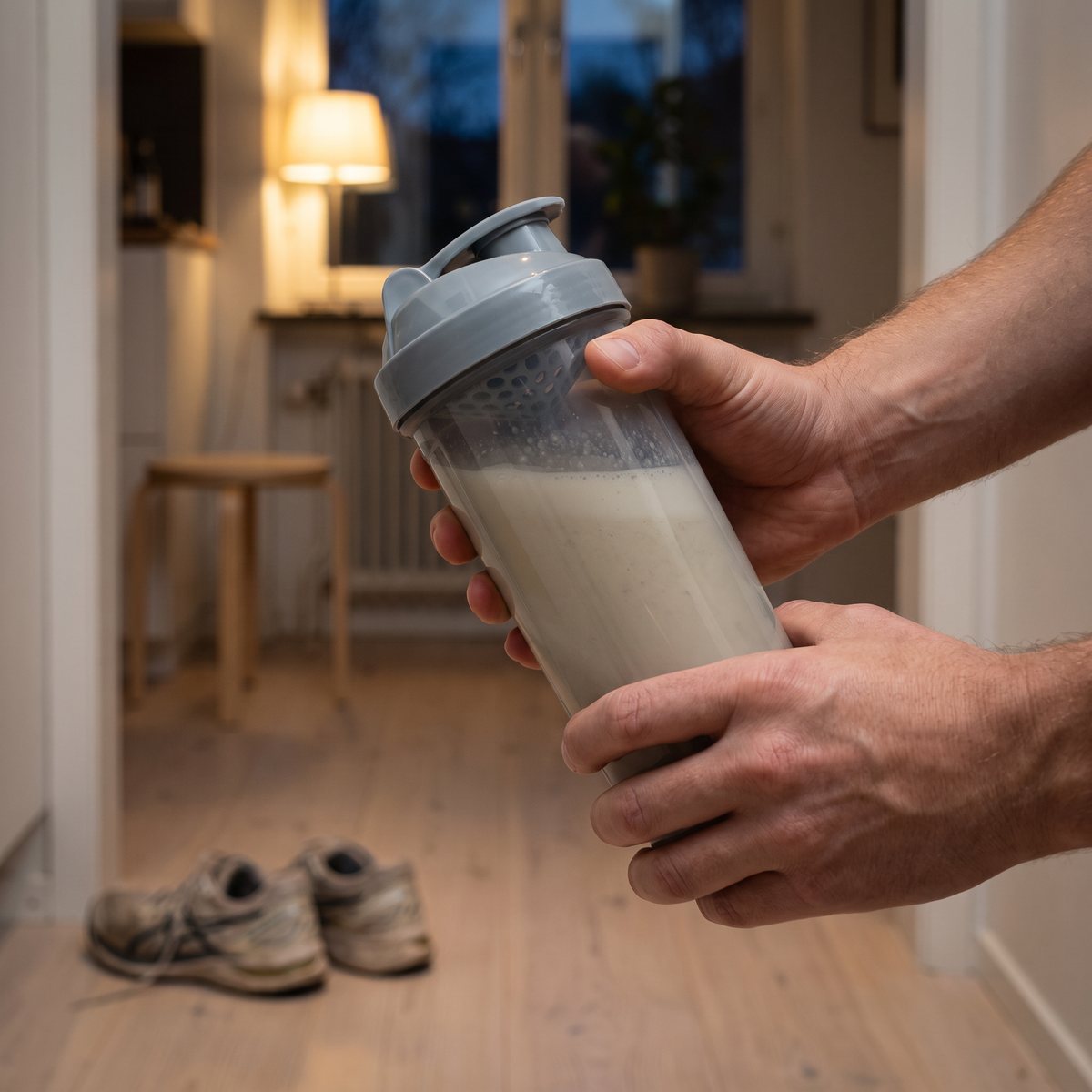 Grå Star Nutrition-shaker med vaniljshake hålls med båda händerna i en svensk hall efter en löprunda