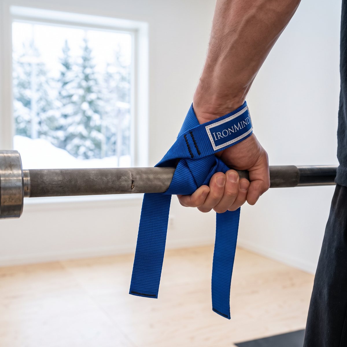Blå IronMind-dragremmar lindade runt en skivstång vid rodd i ett svenskt gym