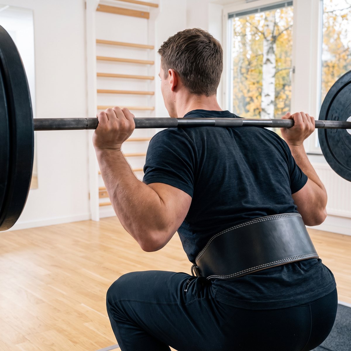 Better Bodies Weight Lifting Belt i svart läder sett bakifrån under en knäböj i ett ljust svenskt gym med ribbstolar och björkar i höstfärger