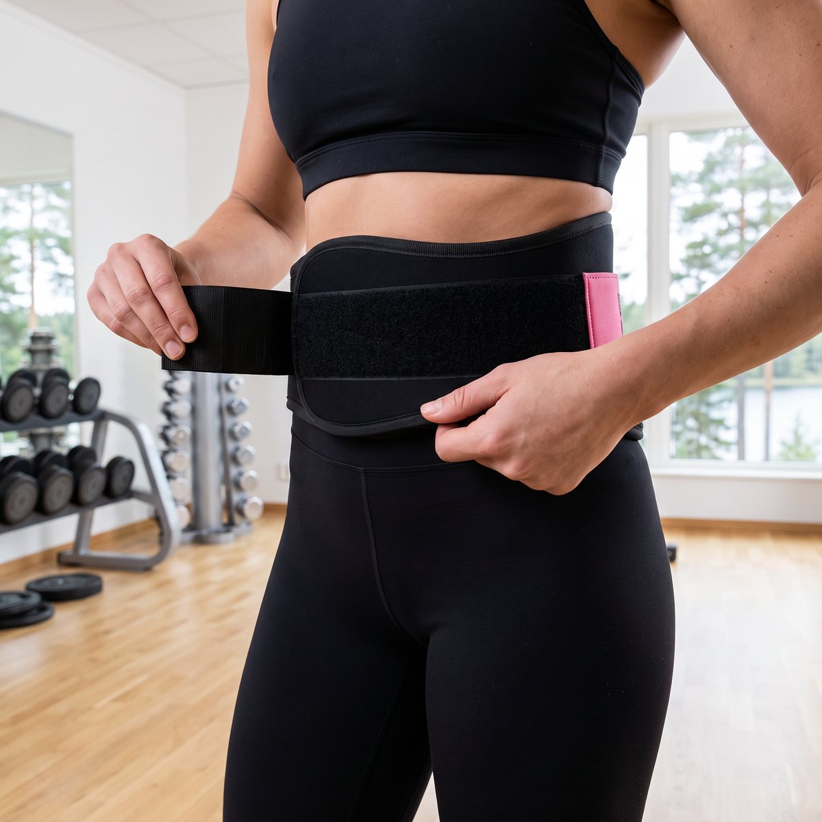 Better Bodies Womens Gym Belt i svart neopren med rosa detalj fästs med kardborrebandet i ett ljust svenskt gym med utsikt mot tallar och sjö