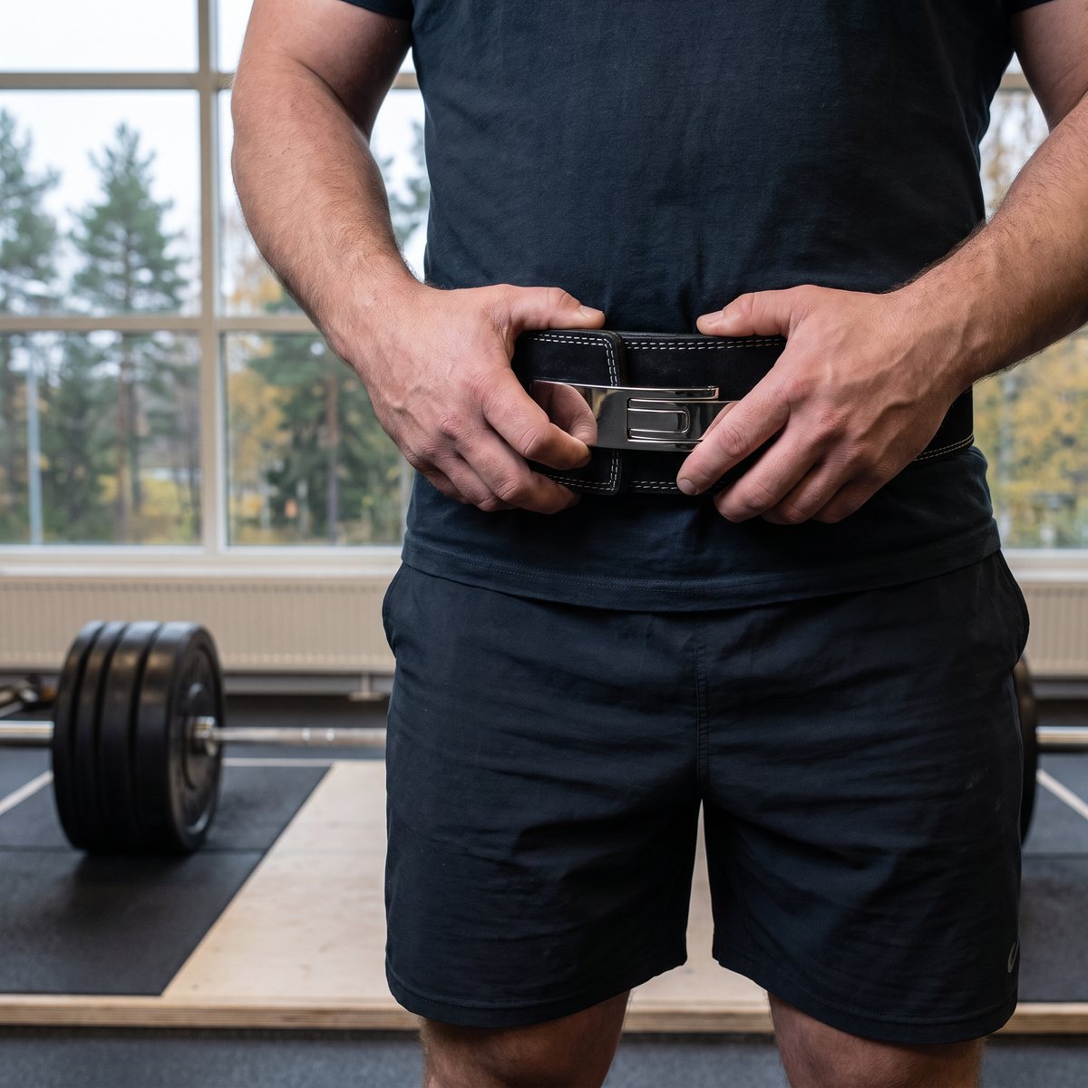 Gorilla Wear 4 Inch Powerlifting Lever Belt i svart läder spänns med hävstångsspännet runt midjan inför marklyft i ett svenskt gym med tallar utanför fönstret