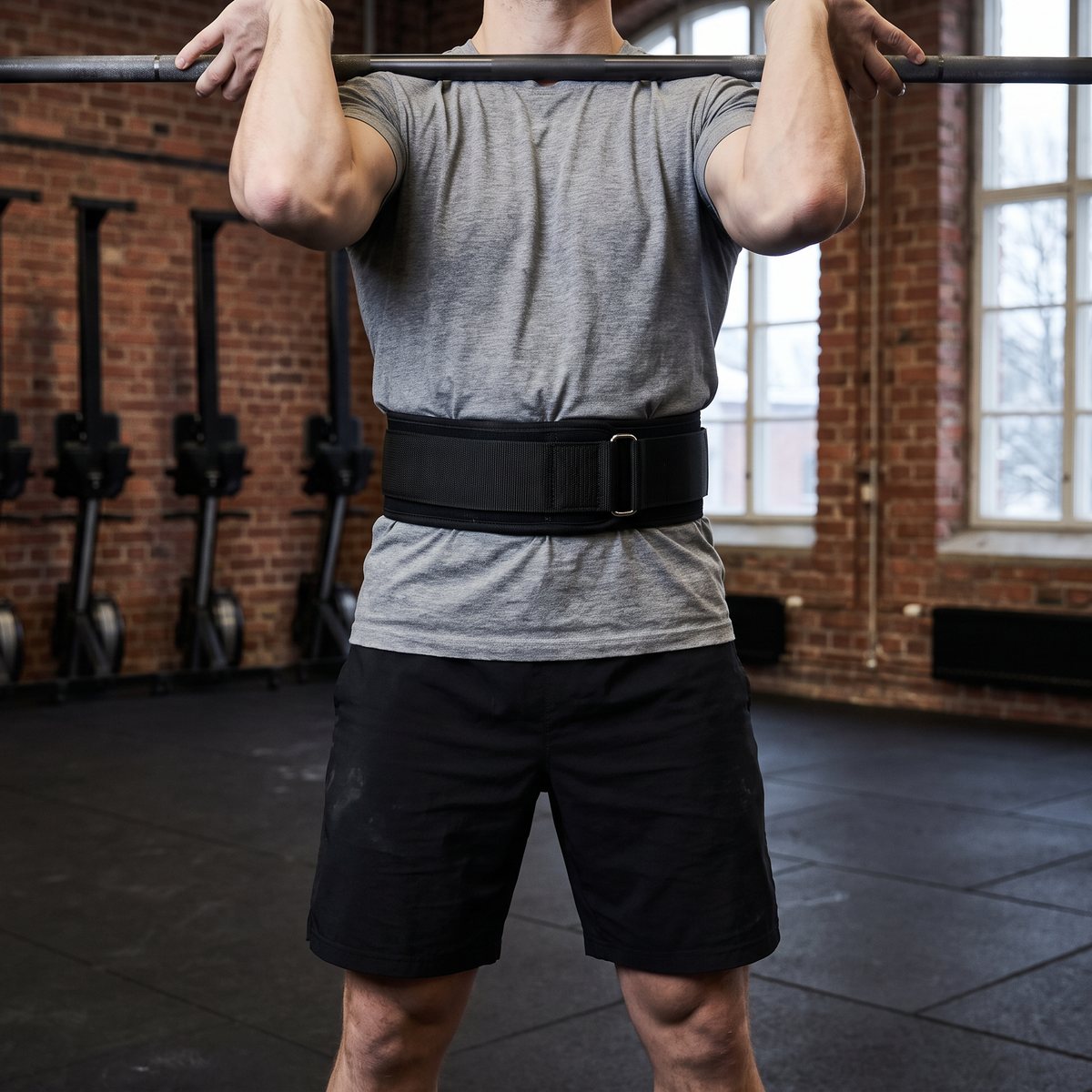 Rehband X-RX Lifting Belt i svart textil med kardborre och stålspänne under en frontböj i en svensk crossfitlokal i tegel en vinterdag