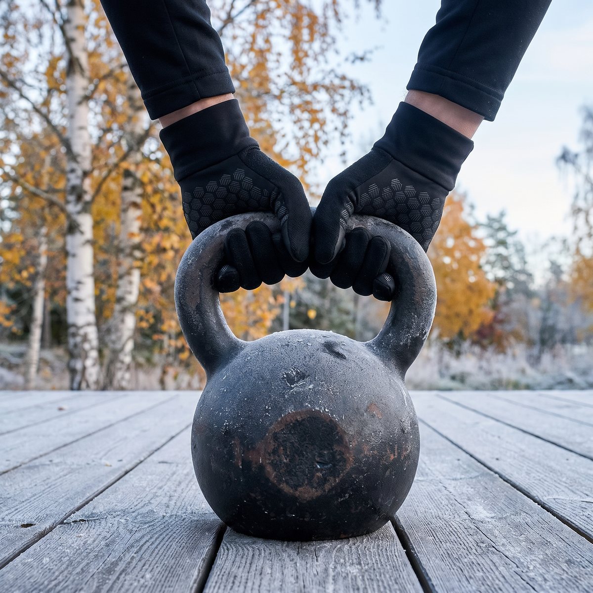 Tunna svarta helfingerhandskar runt en kettlebell en frostig svensk höstmorgon