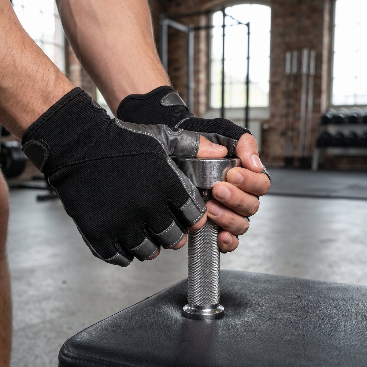 Svarta halvfingerhandskar med grå läderdetaljer runt ett handtag i ett svenskt gym