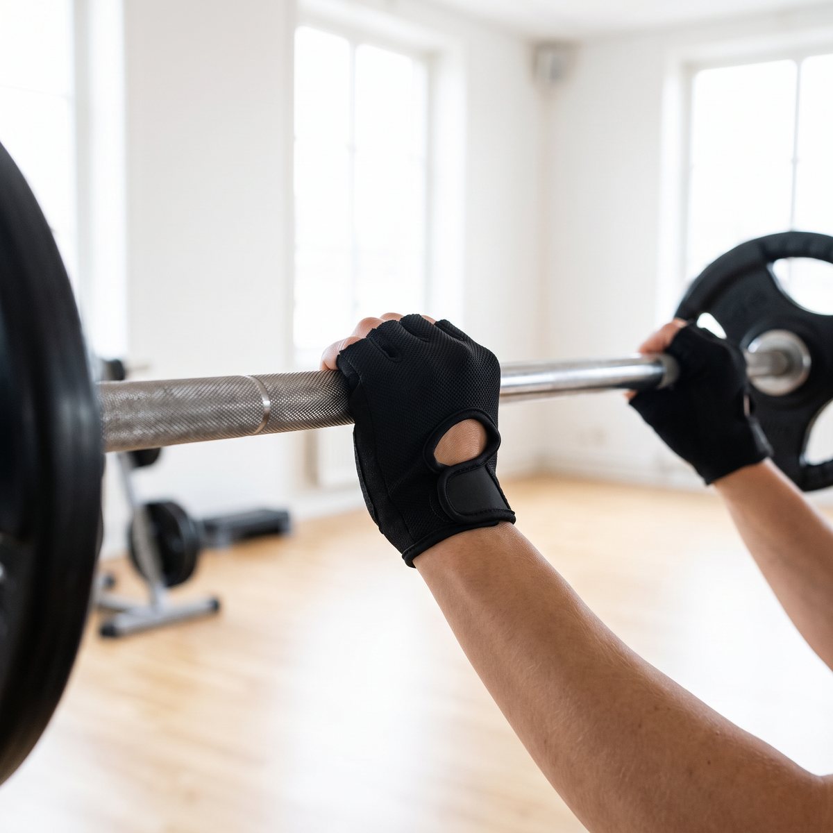 Svarta lätta halvfingerhandskar runt en skivstång i ett ljust svenskt gym