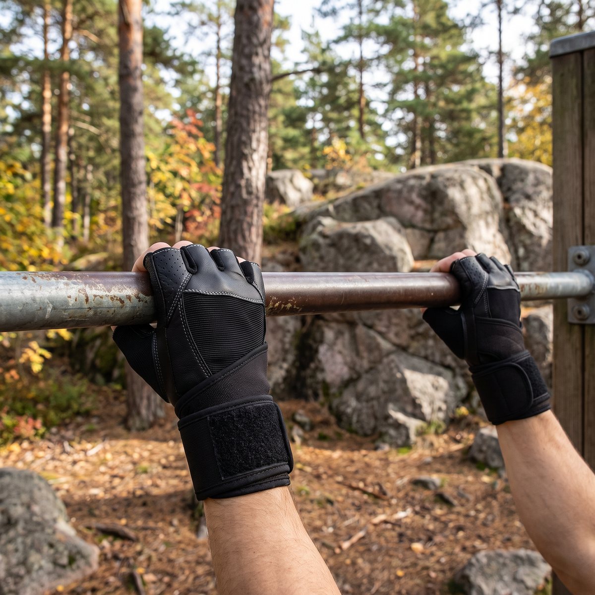 Svarta handskar med handledslindning runt en räckstång i en svensk tallskog