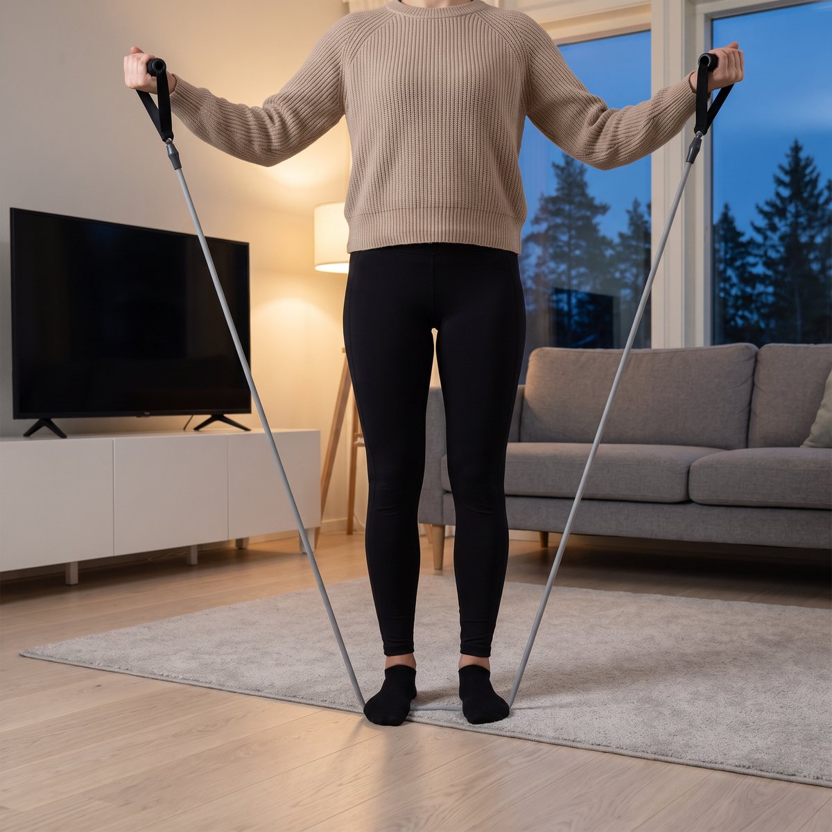 Grått träningsband med skumvadderade handtag från Adidas i sidolyft i ett svenskt vardagsrum med tv och soffa